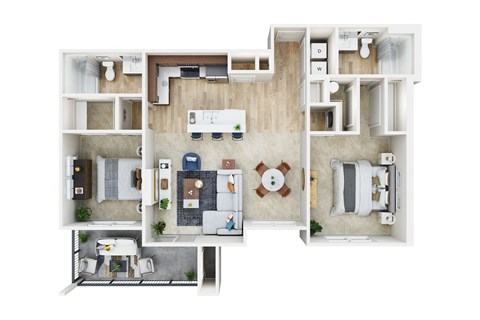 Floor plan for 2 beds, 2 baths, 1077 sqft